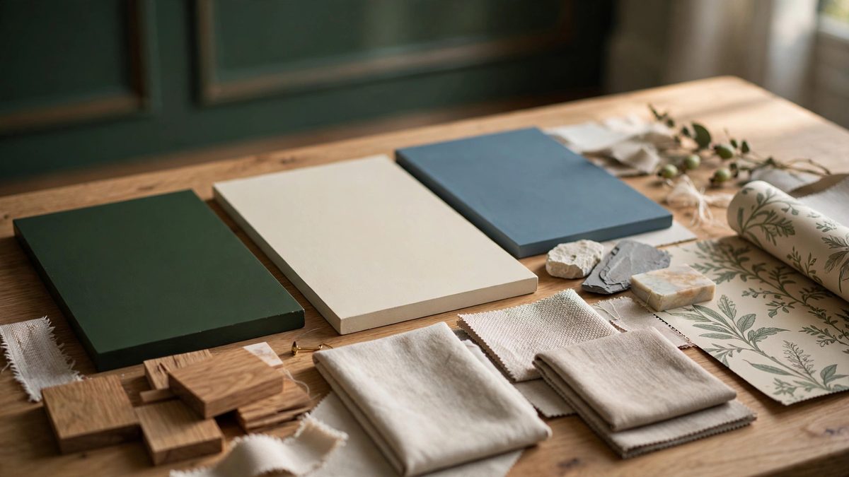 Colour, fabric and material samples laid out together