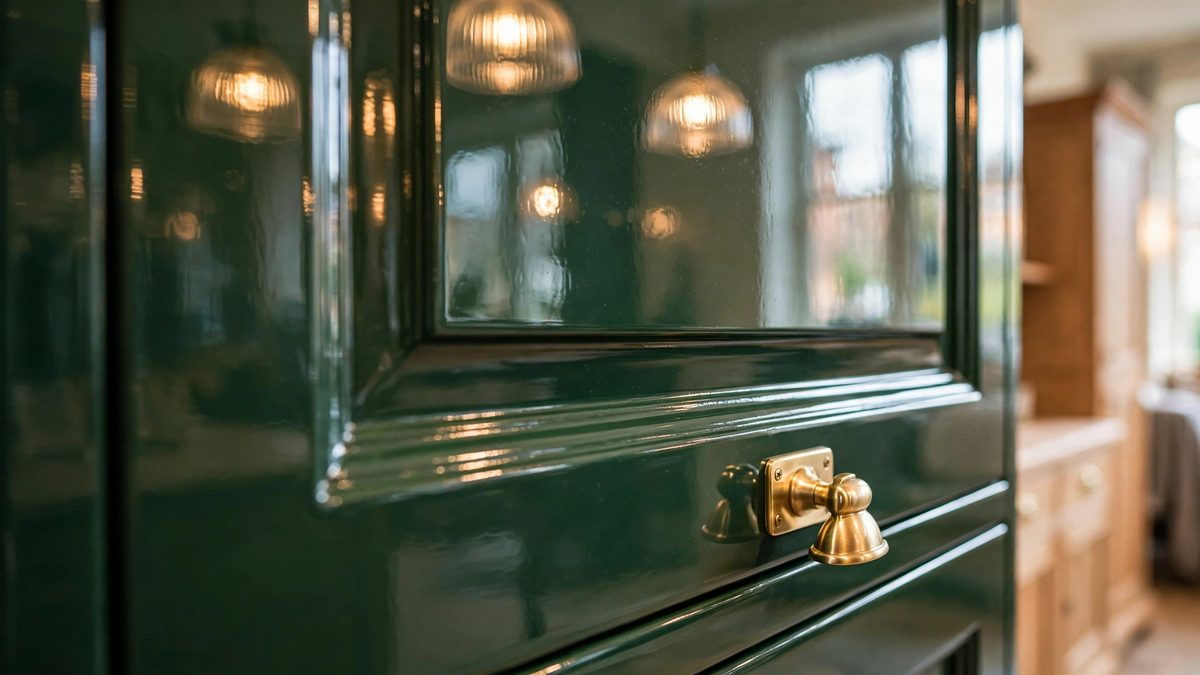 High-gloss cabinetry in deep green