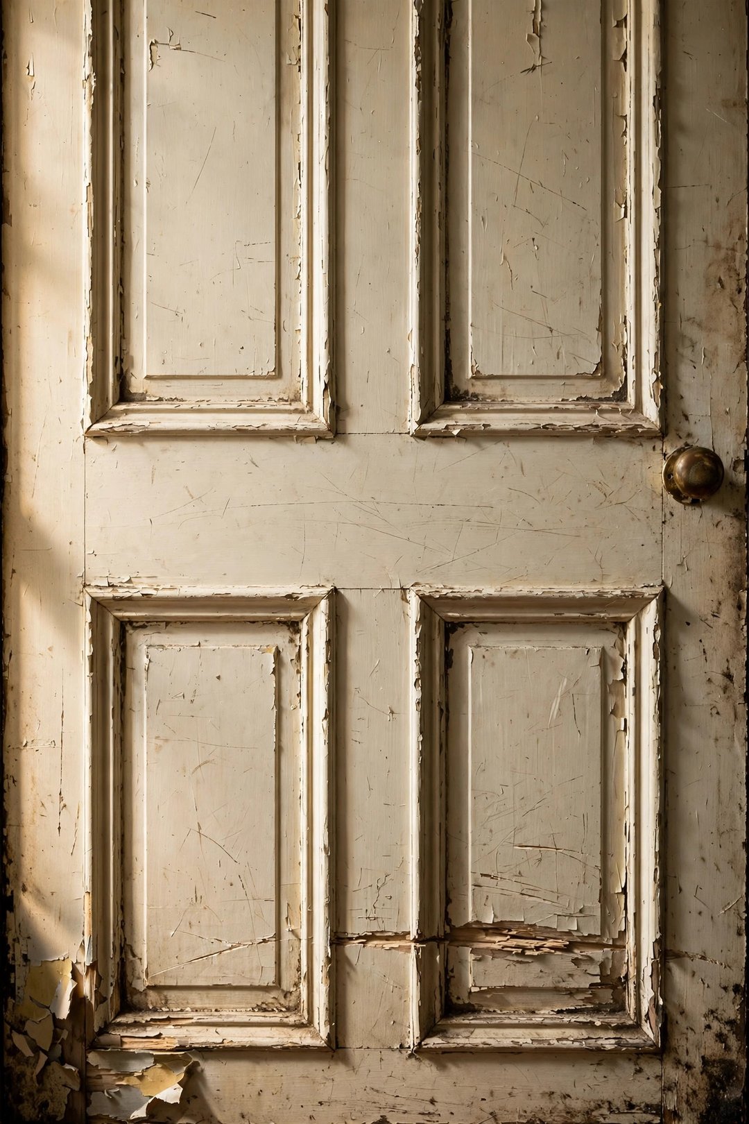 A panelled door before preparation — paint chipped and peeling, a gouge across the lower panel