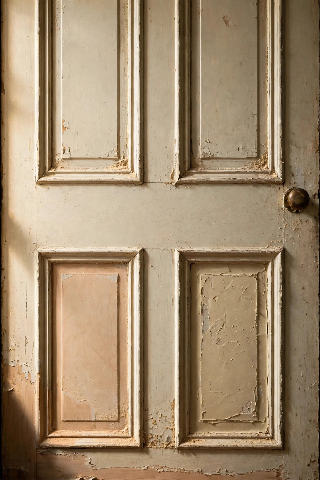 The same door mid-repair — gouges filled, panels sanded back to bare wood