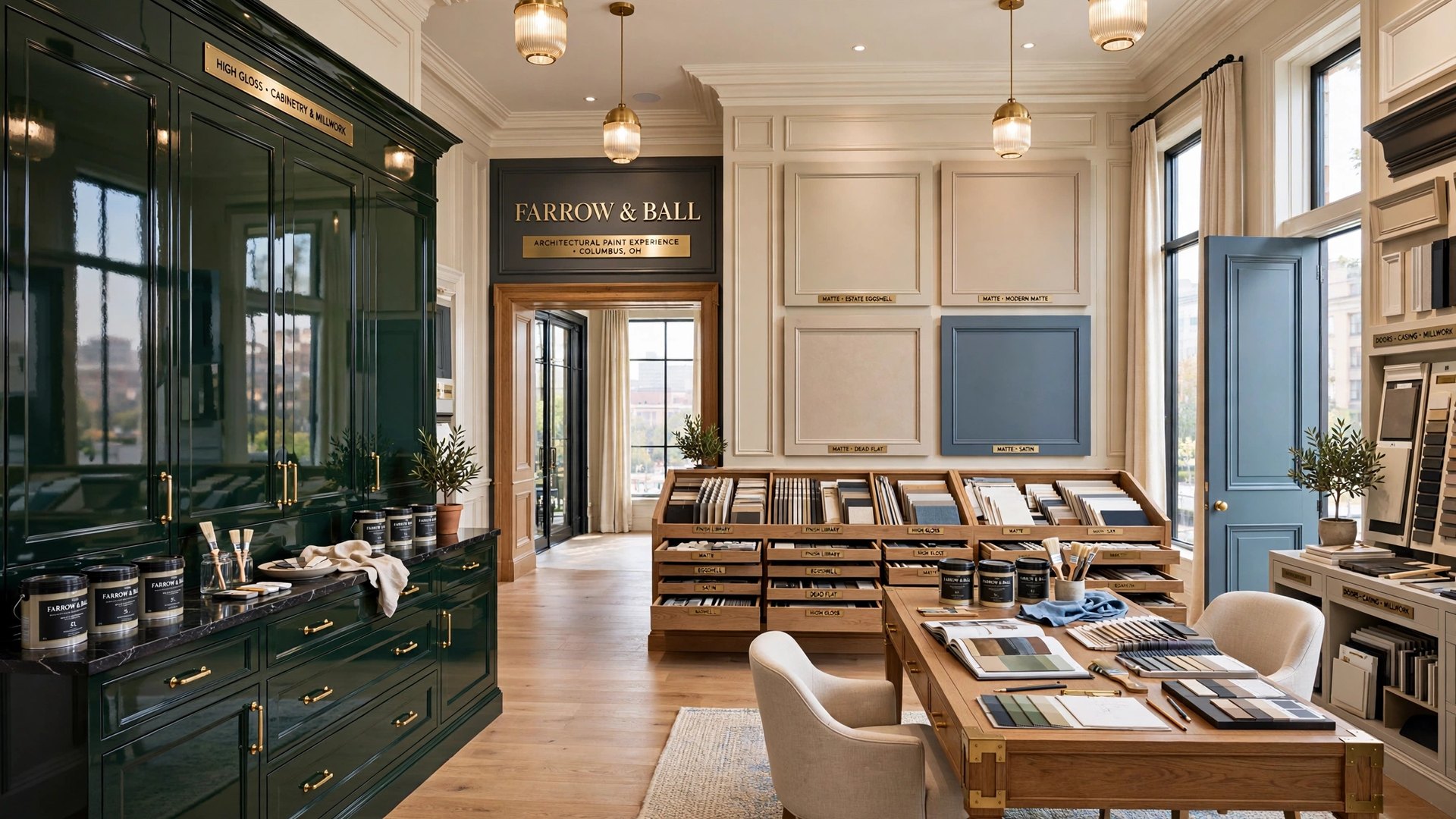 A Farrow & Ball showroom interior in deep green, finished to a high gloss