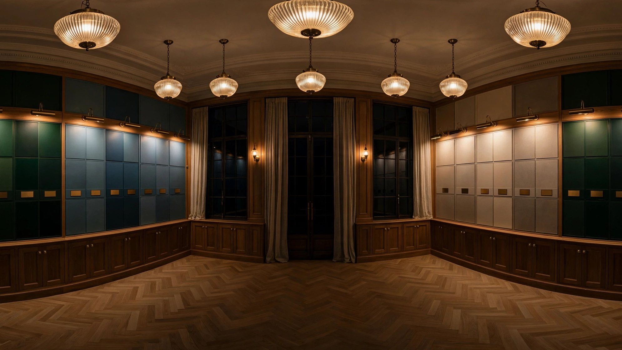The same colour library after dark, under accent light