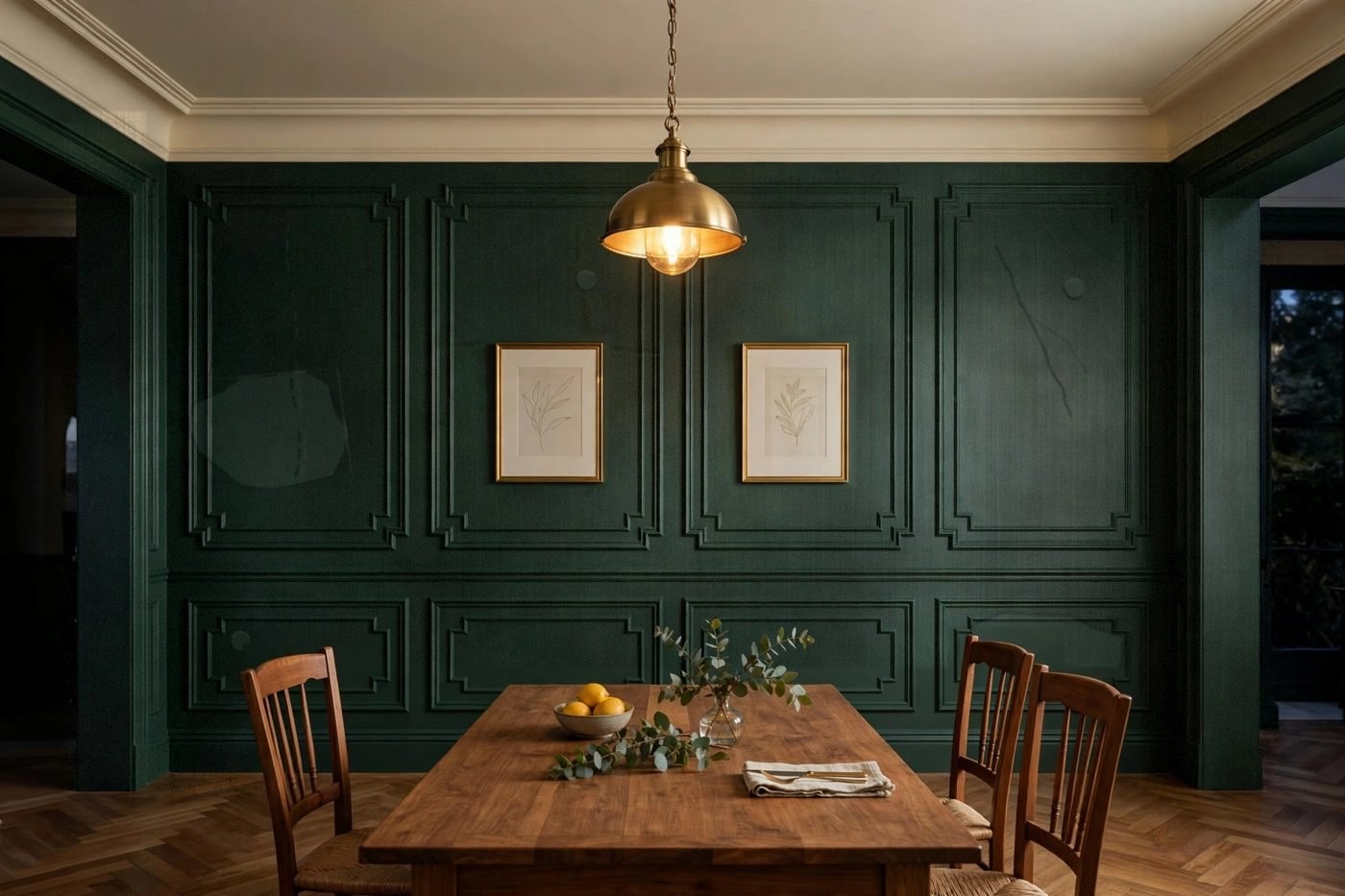 Studio Green painted straight over an ordinary wall — seams, a patch and a crack telegraph through the finish