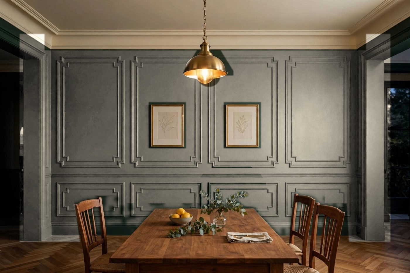 The same wall repaired and skim-coated in matte plaster